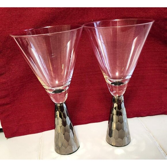 Pair Of 8" Artland Hand Blown Wine Glasses With Platinum-look Hexagonal Base - Picture 5 of 9